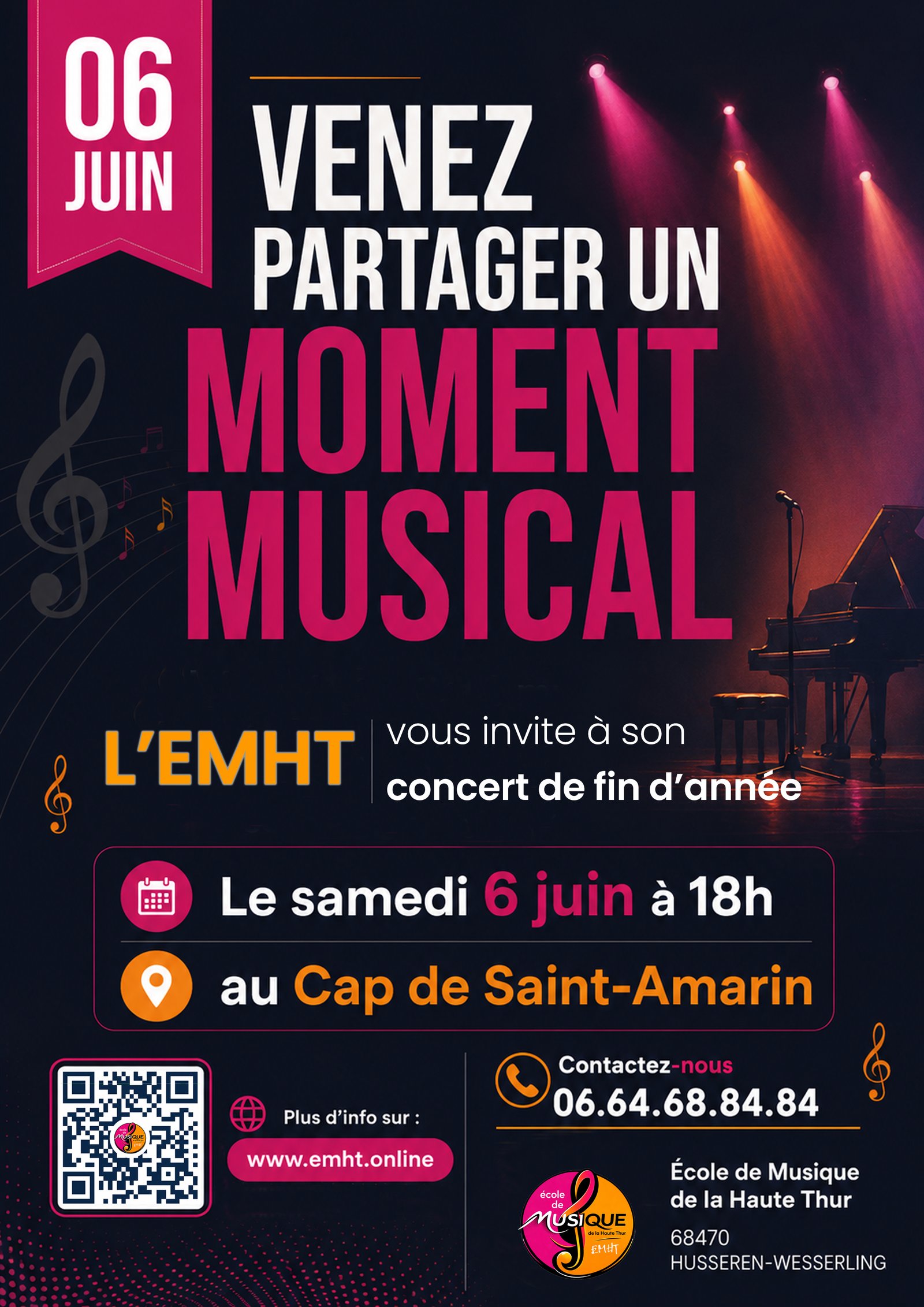 Affiche du concert de fin d'année de l'EMHT du 6 juin 2026 au CAP de Saint-Amarin