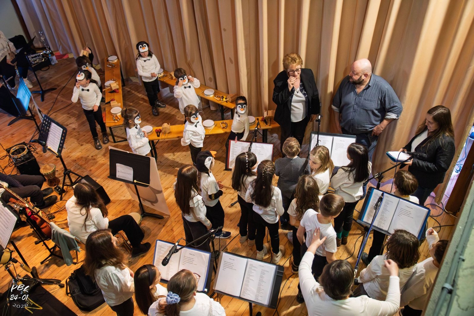 Vue plongeante des élèves déguisés en pingouins avec les professeurs